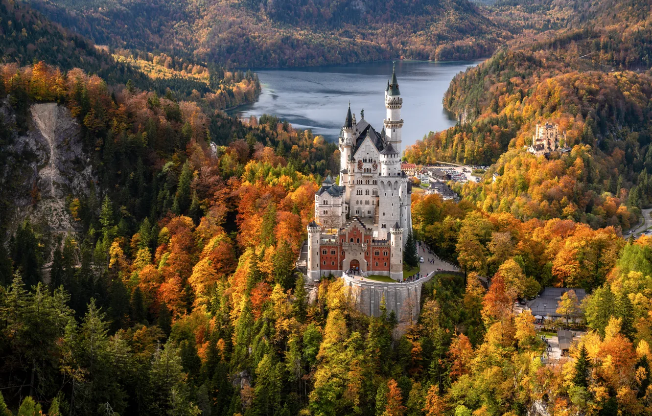 Photo wallpaper autumn, forest, lake, castle, Germany, Bayern, Germany, Bavaria, Neuschwanstein Castle, Neuschwanstein Castle, Schwangau, Schwangau, Schwansee, …