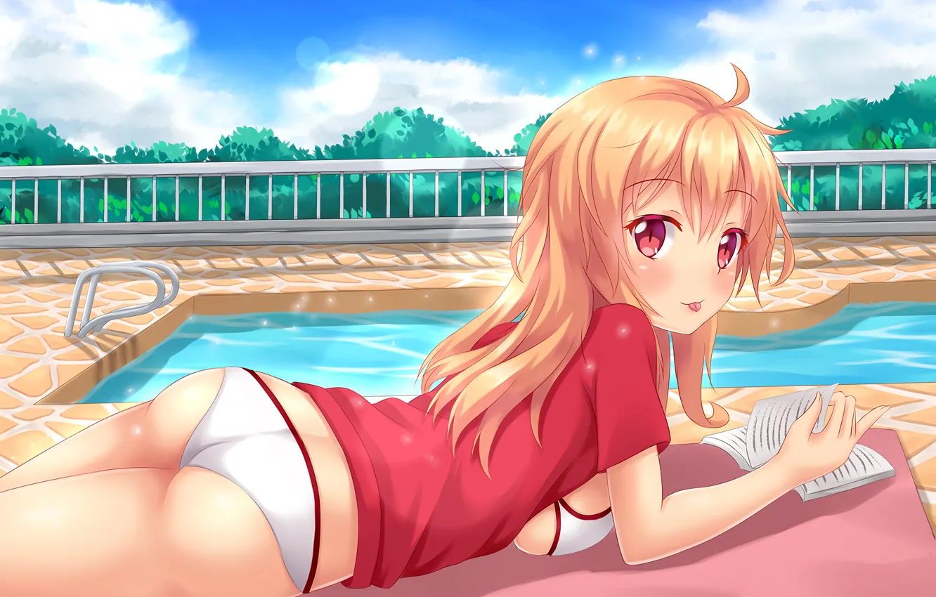 Photo wallpaper girl, sexy, ass, pool, cleavage, long hair, boobs, anime, beautiful, pretty, erotic, blonde, butt, breasts, …