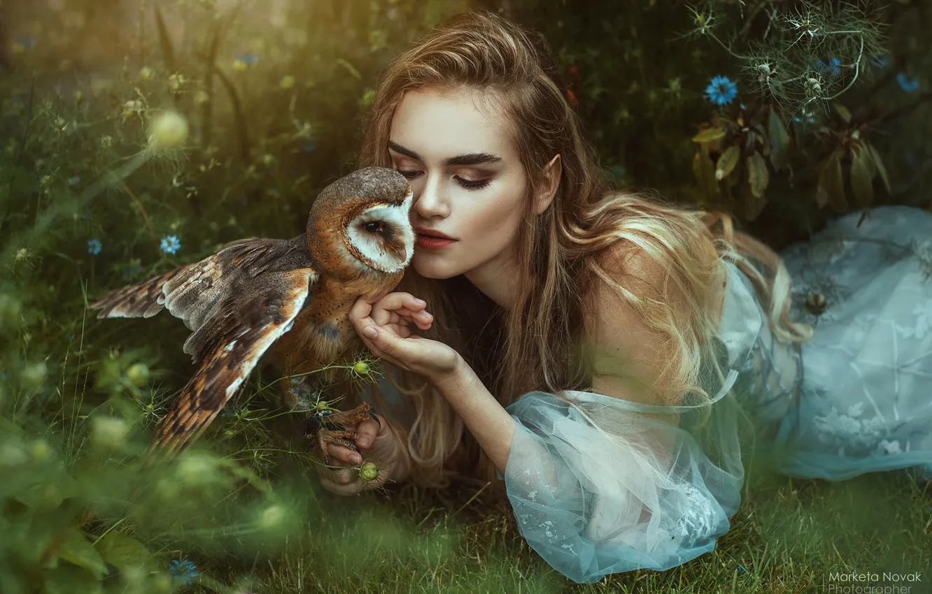 Photo wallpaper girl, flowers, pose, owl, bird, dress, long hair, the barn owl, Marketa Novak