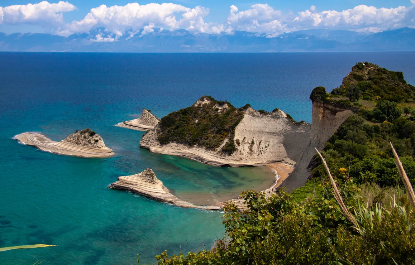 Photo wallpaper sea, clouds, landscape, mountains, nature, rocks, vegetation, island, Greece, Corfu