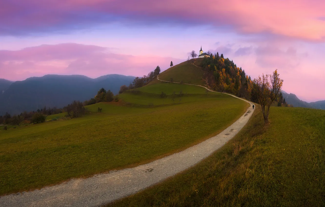 Photo wallpaper road, autumn, clouds, trees, landscape, mountains, nature, dawn, morning, hill, Church, Slovenia, Pawel Kucharski