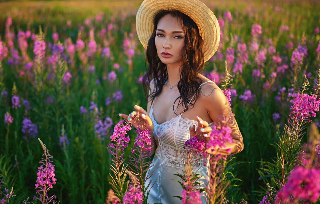 Photo wallpaper look, girl, flowers, pose, meadow, hat, Sergey Fat, Sergey Zhirnov, Kseniya Kharchenko