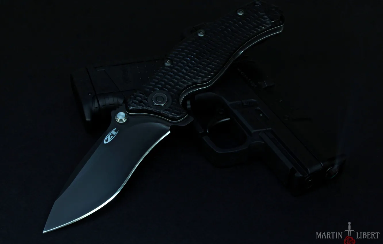 Photo wallpaper the dark background, gun, knife, folding knife, черный нож, Zero Tolerance, черный пистолет, Walther Compact …