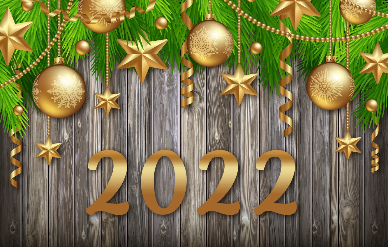 Photo wallpaper gold, figures, New year, golden, new year, happy, balls, wood, luxury, decoration, figures, sparkling, 2022