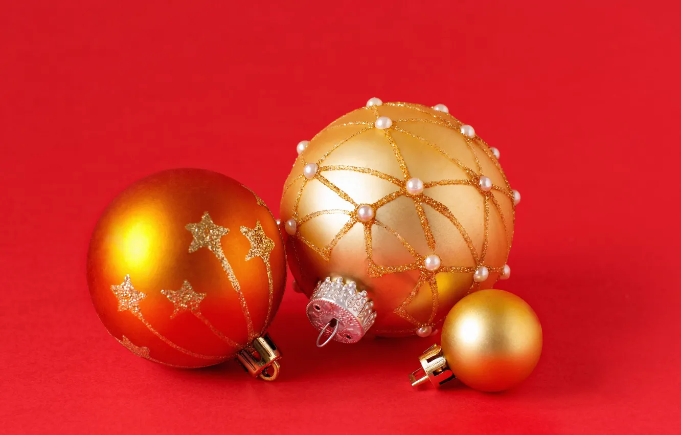 Photo wallpaper winter, balls, holiday, balls, Christmas, New year, gold plated, red background, gold, Christmas decorations, Christmas …