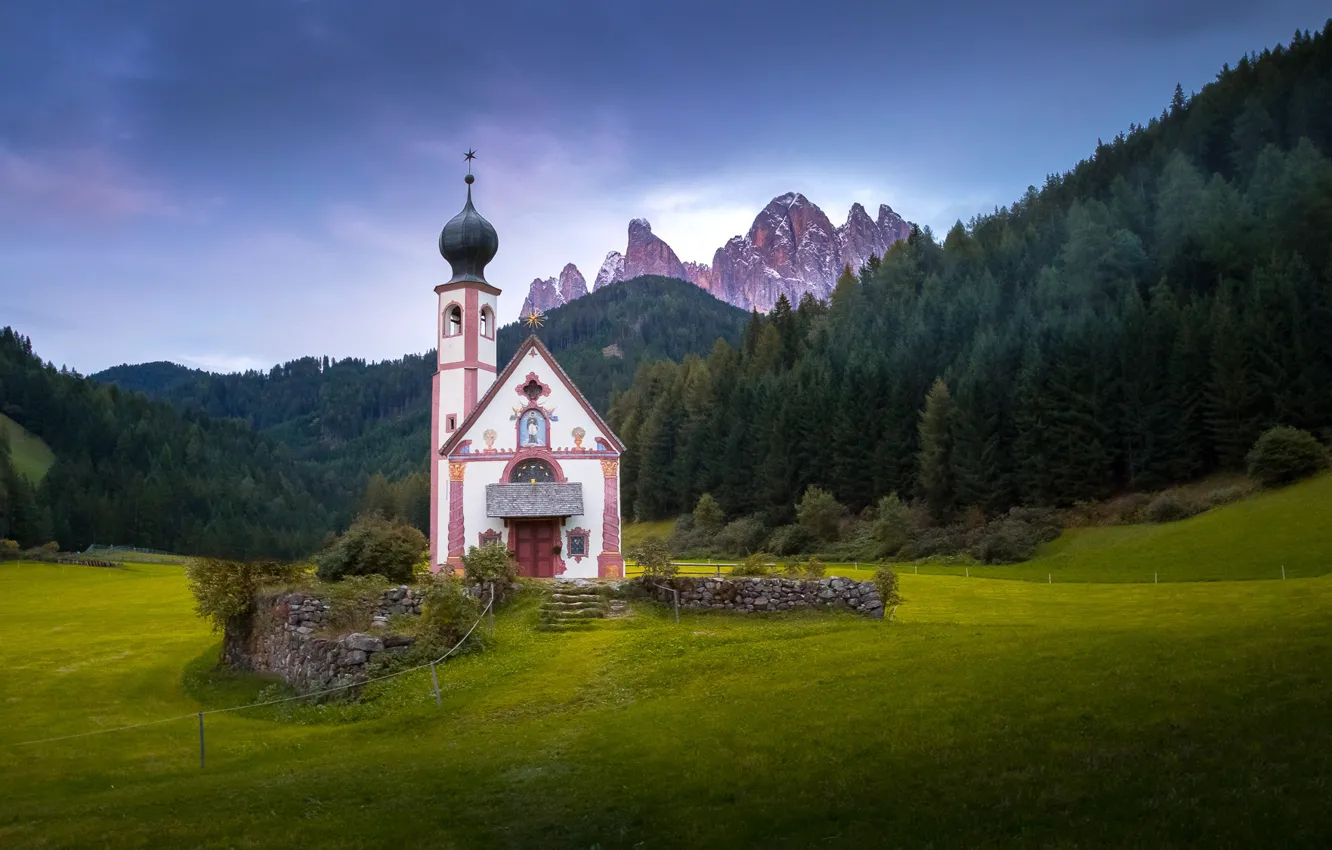 Photo wallpaper forest, mountains, valley, Italy, Church, chapel, Italy, The Dolomites, South Tyrol, South Tyrol, Dolomites, Santa …