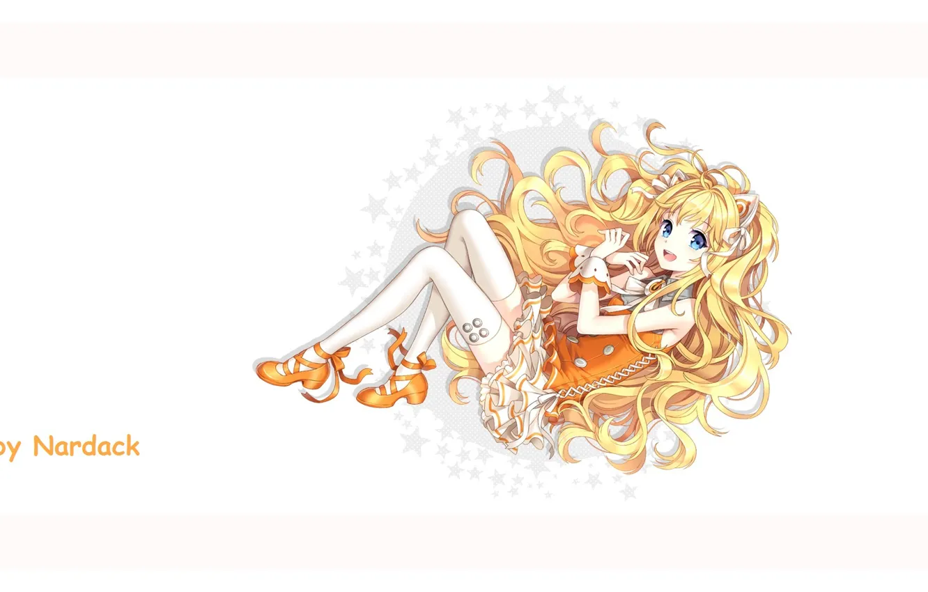 Photo wallpaper shoes, stockings, white background, blue eyes, vocaloid, stars, long hair, Vocaloid, lacing, lying on her …